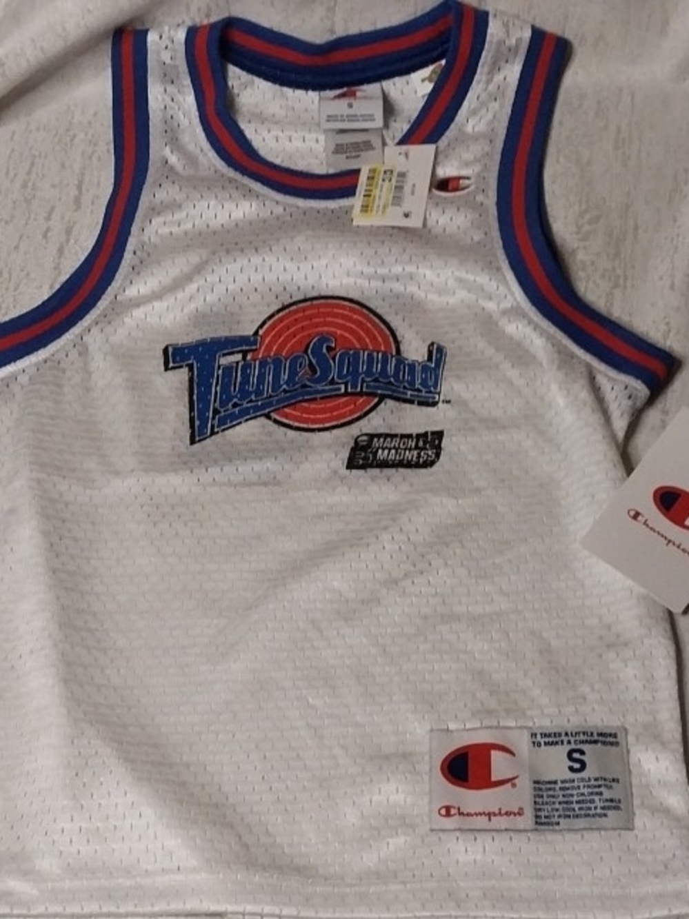 Champion White Tune Squad Kids S Basketball Jersey with Blue & Red Trim Lola #10